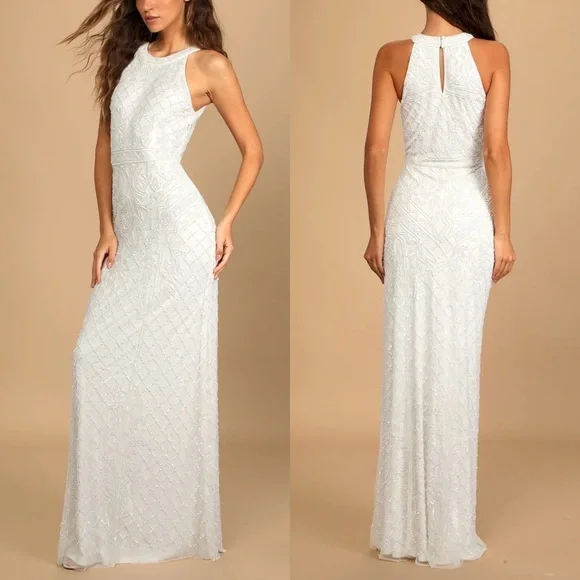White Beaded Sequin Halter Mermaid Maxi Dress ✨ - Picture 3 of 12